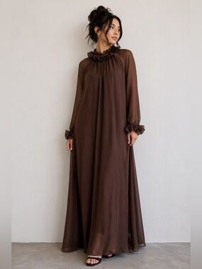 Maia Hemera “Coco” Chocolate Brown Ruffle-Neck Maxi Dress - Lg